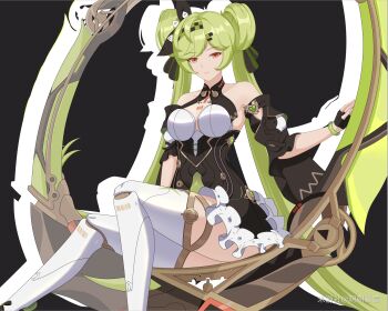 Rule 34 | 1girl, ai hyperion lambda, ai hyperion lambda (chrono navi), black background, black dress, black gloves, breasts, chinese commentary, commentary request, dress, fingerless gloves, gloves, green hair, highres, honkai (series), honkai impact 3rd, large breasts, long hair, looking at viewer, miyoushe watermark, orange eyes, shuaishousha, simple background, sitting, solo, thighs, very long hair, watermark