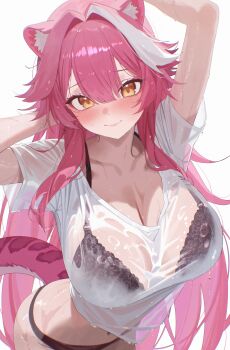 1girl absurdres animal_ear_fluff animal_ears anska arm_behind_head arms_up black_bra black_panties blush bra bra_visible_through_clothes breasts center-flap_bangs cleavage closed_mouth commentary double-parted_bangs english_commentary highres hololive hololive_english lace lace_bra large_breasts lingerie long_hair looking_at_viewer navel no_pants panther_ears panther_girl panther_tail panties pink_hair raora_panthera see-through_clothes see-through_shirt shirt sidelocks simple_background smile solo t-shirt tail underwear very_long_hair virtual_youtuber wet wet_clothes wet_shirt white_background white_shirt white_streaks yellow_eyes