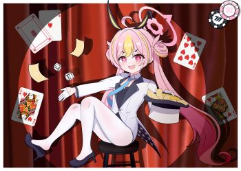 1girl absurdres animal_ears black_leotard black_shoes blue_archive blue_necktie collar commentary dice fake_animal_ears fang full_body gloves halo hat high_heels highres jacket koyuki_(blue_archive) koyuki_(bunny)_(blue_archive) leotard looking_at_viewer millennium_science_school_logo money multicolored_hair necktie open_mouth pantyhose pink_eyes pink_hair pink_halo poker rabbit_ears shoes sitting solo stool tonghua_sakana unworn_hat unworn_headwear white_collar white_gloves white_hat white_jacket white_pantyhose