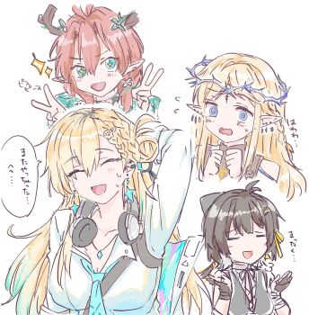 +_+ 4girls @_@ aqua_necktie black_hair blonde_hair breasts cartethyia_(wuthering_waves) ciaccona_(wuthering_waves) cleavage closed_eyes collarbone commentary_request crown_of_thorns double_v earrings female_rover_(wuthering_waves) flying_sweatdrops green_eyes hachikuma_z hair_between_eyes hand_up headphones headphones_around_neck highres horns jewelry long_hair lynae_(wuthering_waves) medium_breasts multiple_earrings multiple_girls necklace necktie open_mouth pointy_ears rover_(wuthering_waves) simple_background smile star_(symbol) star_earrings translation_request tree_horns triangle_earrings v white_background wuthering_waves