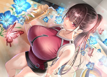 1girl absurdres bare_arms basketball_uniform black_shorts blue_flower blush bottle breasts brown_hair collarbone flower hair_between_eyes hair_ribbon highres holding holding_bottle indoors large_breasts lens_flare lips long_hair looking_at_viewer original parted_lips ponytail rapurando23 red_eyes red_shirt ribbon shirt shorts sidelocks smile solo sportswear standing sweat taut_clothes taut_shirt thighs very_long_hair water_bottle
