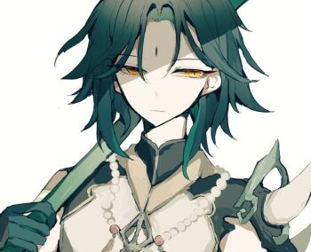 Rule 34 | 1boy, armor, asymmetrical clothes, azisai873456, bead necklace, beads, chinese clothes, commentary request, expressionless, eyeshadow, facial mark, forehead mark, gem, genshin impact, gloves, green gloves, green hair, half-closed eyes, holding, holding polearm, holding weapon, horn ornament, horns, jewelry, looking at viewer, makeup, male focus, mandarin collar, necklace, parted bangs, pearl (gemstone), pearl necklace, polearm, red eyeshadow, short hair with long locks, shoulder armor, shoulder spikes, sidelocks, simple background, slit pupils, solo, spikes, tassel, tsurime, upper body, weapon, white background, xiao (genshin impact), yellow eyes