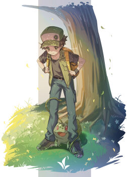 1boy 88_(einnimnech) absurdres alternate_costume backpack bag belt black_belt bulbasaur closed_mouth commentary_request falling_leaves gen_1_pokemon grass green_hat green_vest happy hat highres leaf looking_down male_focus nintendo open_clothes open_vest pants pokemon pokemon_(creature) red_(pokemon) shirt shoes short_hair short_sleeves smile standing t-shirt tree vest yellow_bag