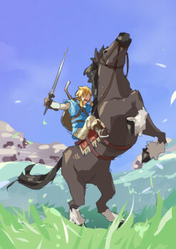 1boy blonde_hair blush boots bridle champion&#039;s_tunic_(zelda) gloves holding holding_reins holding_sword holding_weapon horseback_riding link mdf_an nintendo no_eyes open_mouth pointy_ears rearing reins riding saddle shield shield_on_back sketch stirrups_(riding) sword the_legend_of_zelda weapon
