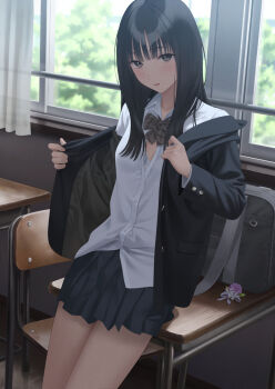 1girl bag black_hair black_jacket black_skirt blazer bow bowtie bra bra_peek brown_bow brown_bowtie chair classroom commentary_request cowboy_shot day desk grey_eyes hair_over_shoulder hands_up highres indoors jacket leaning_back leaning_on_object long_hair long_sleeves looking_at_viewer miniskirt original parted_lips plaid_bow plaid_bowtie plaid_clothes removing_jacket school_bag school_chair school_desk school_uniform shirt skirt smile solo standing straight_hair underwear variant_set white_shirt window yukishima_momo