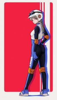 1girl ass bodysuit border braid braided_ponytail breasts closed_mouth commentary commission drop_shadow english_commentary eyewear_on_head from_side full_body gloves grey_hair hand_on_own_hip helmet kobi420 long_hair looking_to_the_side original purple_bodysuit purple_eyes purple_gloves purple_shoes red_background shirt shoes small_breasts solo standing white_border white_shirt