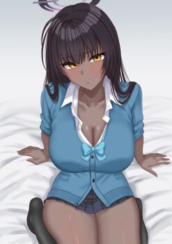 1girl absurdres ahoge black_hair black_socks blue_archive blue_bow blue_bowtie blue_cardigan blue_skirt blush bow bowtie breasts cardigan cleavage commentary_request dark-skinned_female dark_skin gradient_halo halo highres karin_(blue_archive) karin_(school_uniform)_(blue_archive) kenja_panda large_breasts long_hair looking_at_viewer multicolored_halo on_bed partially_unbuttoned purple_halo shirt sitting skirt socks solo thighs white_shirt yellow_eyes
