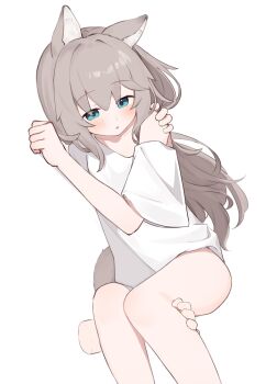 1girl 1other animal_ear_fluff animal_ears blue_eyes blush brown_hair disembodied_hand feet_out_of_frame hair_between_eyes hand_up highres long_hair off_shoulder original parted_lips riya_(01214) shirt short_sleeves simple_background solo_focus tail very_long_hair white_background white_shirt wide_sleeves