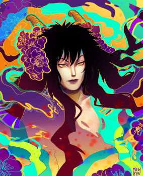 1boy artist_name black_hair caesar_clown closed_mouth curled_horns highres horns long_hair male_focus mewiyev one_piece orange_eyes purple_lips solo yellow_horns