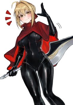 1girl absurdres ahoge blonde_hair blush breasts fate/extra fate_(series) green_eyes hair_intakes highres large_breasts long_sleeves looking_at_viewer medium_hair nero_claudius_(fate) red_ribbon ribbon smile solo yotsutsu428