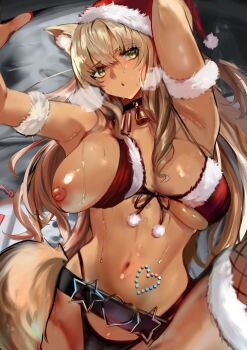 1girl absurdres animal_ear_fluff animal_ears armpits arms_up bare_shoulders bell belt blonde_hair breasts commentary_request dark-skinned_female dark_skin fate/grand_order fate/grand_order_arcade fate_(series) fishnet_thighhighs fishnets fox_ears fox_girl fox_tail fur_trim hat highres jikihatiman large_breasts long_hair looking_at_viewer neck_bell nipples one_breast_out open_mouth red_hat santa_costume santa_hat solo suzuka_gozen_(fate) suzuka_gozen_(santa)_(fate) sweat tail tan thighhighs thighs yellow_eyes
