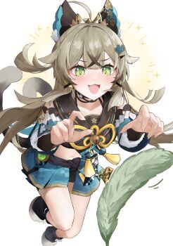 1girl :3 :d absurdres ahoge animal_ears blue_skirt blush brown_hair cat_ears cat_girl cat_tail cat_teaser commentary_request detached_sleeves feral_instincts genshin_impact green_eyes hair_ornament hairclip highres jumping kirara_(genshin_impact) long_hair long_sleeves looking_at_viewer multiple_tails navel open_mouth pleated_skirt reaching ribbon simple_background skirt smile solo sparkle tail taira_(taira_oekaki) tassel two_tails white_background yellow_ribbon