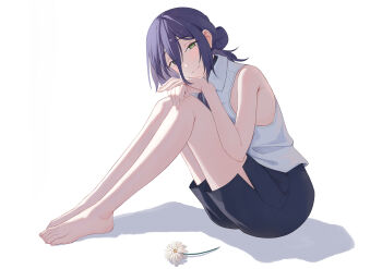 Rule 34 | 1girl, absurdres, bare legs, barefoot, black ribbon, black shorts, blue hair, chainsaw man, collared shirt, feet, flower, green eyes, gusa, hair between eyes, hair bun, highres, knees up, legs, long legs, looking at viewer, on ground, reze (chainsaw man), ribbon, shadow, shirt, shorts, simple background, sitting, sleeveless, sleeveless shirt, solo, toenails, toes, white background, white flower, white shirt