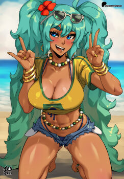 1girl \n/ abs absurdres anklet aqua_hair arms_up artist_name barefoot beach bead_necklace beads belly_chain bikini bikini_under_clothes blue_eyes blue_sky bracelet brazilian_flag brazilian_flag_print brazilian_miku breasts cleavage commentary cutoffs day denim denim_shorts eyewear_on_head flag_print flower front-tie_bikini_top front-tie_top green_nails green_trim hair_flower hair_ornament hatsune_miku highres jewelry kneeling kyoffie long_hair looking_at_viewer multiple_bracelets necklace open_fly open_mouth outdoors patreon_logo patreon_username red_flower shirt short_shorts shorts sky smile solo sunglasses swimsuit textless_version twintails v very_long_hair vocaloid white-framed_eyewear yellow_nails yellow_shirt