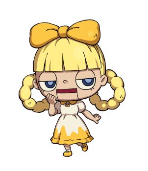 Rule 34 | 1girl, big head, blonde hair, blue eyes, bow, doll, dress, full body, hair bow, hair rings, highres, kibandoll, official art, shoes, simple background, solo, third-party source, transparent background, two-tone dress, white dress, yellow bow, yellow dress, yellow shoes, youkai (youkai watch), youkai watch
