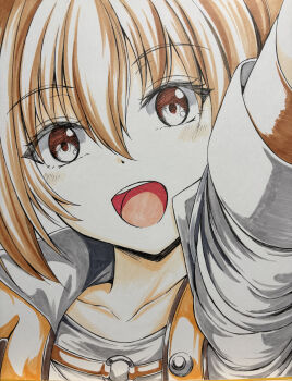 Rule 34 | 1girl, brown hair, close-up, collarbone, commentary request, double-parted bangs, eiyuu densetsu, estelle bright, hair between eyes, highres, kagura yuuto, looking at viewer, open mouth, portrait, red eyes, smile, solo, sora no kiseki, traditional media