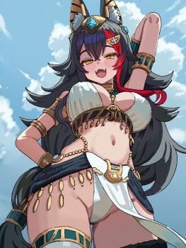 1girl :3 :d alternate_costume ancient_egyptian animal_ears black_hair blue_sky breasts cl_oor cloud commentary_request fangs from_below hair_between_eyes hair_ornament harem_outfit highres hololive jewelry large_breasts long_hair looking_at_viewer midriff multicolored_hair navel ookami_mio open_mouth pelvic_curtain red_hair sky smile tail tail_around_own_leg virtual_youtuber wide_hips wolf_ears wolf_girl wolf_tail yellow_eyes