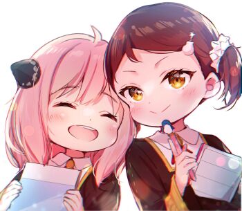 2girls :> anya_(spy_x_family) backlighting becky_blackbell bomb_hair_ornament brown_eyes brown_hair child closed_eyes commentary_request eden_academy_school_uniform hair_ornament hair_scrunchie hairpods highres hisama_kumako holding holding_notepad holding_pen lens_flare multiple_girls notepad open_mouth pen pink_hair school_uniform scrunchie short_twintails smile spy_x_family twintails