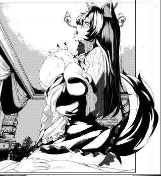 1boy 1girl animal_ears blush breasts ceiling_light commentary_request cowgirl_position dress feet_out_of_frame frilled_dress frills girl_on_top greyscale hetero highres hira_(nanika_no_heya) imaizumi_kagerou indoors large_breasts long_hair monochrome nipples open_mouth sex solo_focus straddling tail touhou wolf_ears wolf_girl wolf_tail