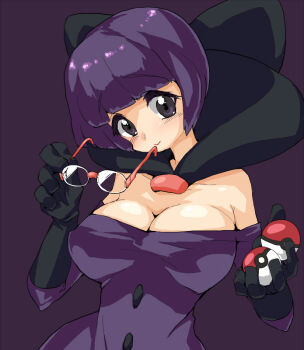 1girl blunt_bangs bob_cut bow breasts buttons cleavage elbow_gloves glasses gloves holding holding_poke_ball holding_removed_eyewear large_bow large_breasts low-cut man_(man-room) medium_breasts neck_pillow nintendo poke_ball poke_ball_(basic) pokemon pokemon_bw purple_eyes purple_hair purple_shirt rimless_eyewear round_eyewear shauntal_(pokemon) shirt shirt_partially_removed short_hair smile unworn_eyewear upper_body