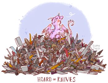 artist_name blue_background blue_horns border butter_knife cleaver combat_knife commentary dagger dragon english_commentary feathered_dragon feathers from_behind full_body horns iguanamouth kitchen_knife knife looking_at_viewer looking_back no_humans original pile pink_feathers saw serrated_knife simple_background single_horn sitting spines striped_tail tail throwing_knife too_many too_many_knives weapon white_border wings