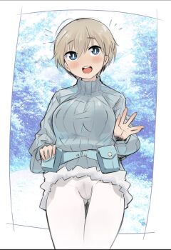 1girl blonde_hair blue_eyes blue_sweater blush border brave_witches breasts large_breasts leggings looking_at_viewer nikka_edvardine_katajainen open_mouth pegina ribbed_sweater short_hair smile solo sweater white_border white_leggings world_witches_series