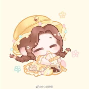 1girl =_= alternate_hair_color ankle_socks beads braid brown_hair bubble_tea chibi closed_eyes dress drink drinking drinking_straw fancy_milk_tea_(shining_nikki) food-themed_clothes food_print forehead frilled_dress frilled_sleeves frills hair_bobbles hair_ornament hat holding holding_drink light_blush long_hair low_twin_braids nikki_(series) parted_bangs polka_dot polka_dot_socks pom_pom_(clothes) print_dress rainbow_print shining_nikki shoes short_dress short_sleeves simple_background sitting socks solo star_(symbol) twin_braids very_long_hair xiaoyu_qixing yellow_background yellow_dress yellow_eyes yellow_hat yellow_shoes yellow_socks