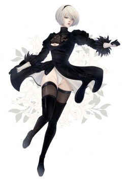 Rule 34 | 1girl, 2b (nier:automata), arm up, black dress, black gloves, blindfold, breasts, cleavage cutout, clothing cutout, commentary, covered eyes, cowboy shot, dress, facing viewer, feather-trimmed sleeves, gloves, gluteal fold, grey hair, groin, highres, juliet sleeves, leotard, leotard under clothes, long sleeves, medium breasts, mitsuki nite, mole, mole under mouth, nier:automata, nier (series), parted lips, puffy sleeves, short hair, side slit, simple background, solo, standing, sword, twitter username, virtuous treaty, weapon, white background, white leotard