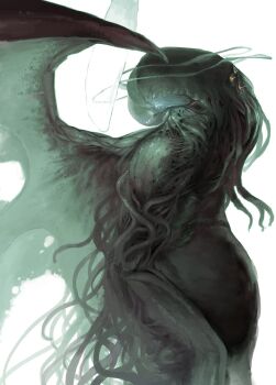 1other chuuou_higashiguchi commentary_request cover cover_page cthulhu cthulhu_mythos eldritch_abomination extra_eyes highres monster novel_cover official_art red_eyes solo tendril upper_body white_background wings