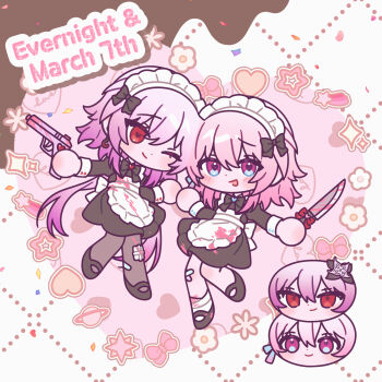Rule 34 | 2girls, alternate costume, apron, bandage on knee, bandaid, bandaid on knee, bandaid on leg, black bow, black bowtie, black dress, black pantyhose, black shoes, blood, blood on clothes, bloody weapon, blue eyes, bow, bowtie, character name, chibi, chibi only, closed mouth, commentary request, dress, dual persona, enmaided, evernight (honkai: star rail), full body, gun, hair between eyes, handgun, heart, heart background, highres, holding, holding gun, holding knife, holding weapon, honkai: star rail, honkai (series), knife, long hair, looking at viewer, maid, maid apron, maid headdress, march 7th (honkai: star rail), medium hair, milnongsa, multicolored eyes, multiple girls, one eye closed, open mouth, pantyhose, pink eyes, pink hair, red eyes, shoes, smile, two-tone eyes, very long hair, weapon, white apron, white headdress