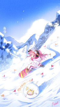 1girl absurdres animal artist_request black_gloves black_helmet blue_sky boots bow bowtie brown_boots brown_eyes cat character_name chibi chinese_commentary chinese_text clothed_animal commentary_request day dot_nose ear_covers fur-trimmed_sleeves fur_trim gloves goggles goggles_on_headwear happy helmet highres hood hood_down hood_up hooded_jacket jacket light_blush long_hair long_sidelocks long_sleeves looking_at_viewer momo_(nikki) mountain nikki_(nikki) nikki_(series) official_art open_mouth outdoors outstretched_arms pants path pink-framed_eyewear pink_hair pink_scarf ponytail red_bow red_bowtie road scarf second-party_source shining_nikki sidelocks sky sleeves_past_wrists smile snow snowball snowboard snowboarding snowing speech_bubble sweatpants tareme traditional_bowtie translation_request white_cat white_jacket white_pants yellow_hood