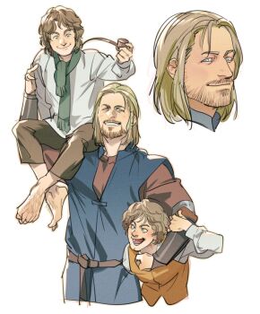 3boys arm_around_neck barefoot beard blonde_hair blue_eyes blue_tunic boromir brown_pants brown_shirt closed_mouth commentary_request facial_hair foot_hair green_scarf grin halfling holding holding_smoking_pipe male_focus medium_hair meriadoc_brandybuck multiple_boys multiple_views open_mouth orange_vest pants parted_bangs peregrin_took scarf shirt sitting_on_shoulder smile smoking_pipe tatsumi_(psmhbpiuczn) teeth the_lord_of_the_rings tolkien's_legendarium tunic upper_body vest white_background white_shirt