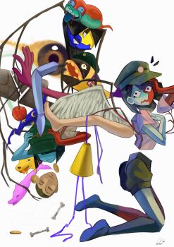 angel_wings apple black_eyes black_hair blue_skin blunt_bangs blunt_ends bob_cut bone colored_skin ena:_dream_bbq ena_(dream_bbq) ena_(ena) ena_(series) ena_(species) ena_(web_series) fish_(ena) floating_head food fruit green_hat hangover_ena happy_ena hat highres hourglass_dog humanboard low_poly meanie_ena multicolored_skin multiple_girls open_mouth pet_(dream_bbq) phindoll red_skin shirt short_sleeves split-color_skin surreal two-tone_skin usagimarumei wings