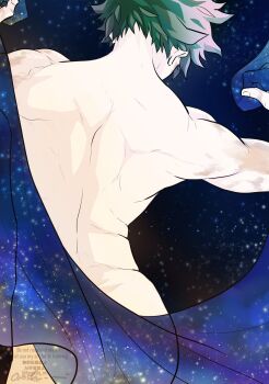 1boy back boku_no_hero_academia commentary from_behind green_hair highres male_focus midoriya_izuku multiple_scars nude oroshi_mi scar scar_on_arm scar_on_face short_hair signature solo starry_sky_print symbol-only_commentary watermark