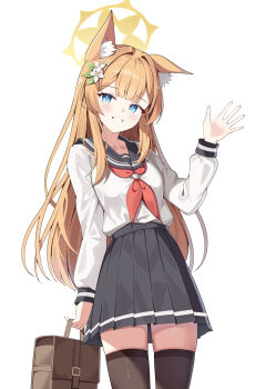 1girl absurdres alternate_costume animal_ear_fluff animal_ears black_skirt black_thighhighs blue_archive blue_eyes commentary flower grin hair_flower hair_ornament halo hand_up highres long_hair looking_at_viewer mari_(blue_archive) orange_hair pleated_skirt school_uniform serafuku shirt skirt smile sob_(submar1089) solo thighhighs waving white_flower white_shirt yellow_halo zettai_ryouiki