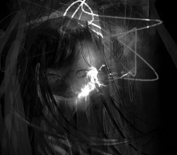 Rule 34 | 1girl, abstract, absurdres, dark, expressionless, glowing, greyscale, highres, long hair, looking at viewer, monochrome, no mouth, original, seyooe, solo, spot color, upper body