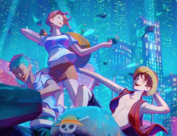 1girl 2025 2boys bag banknote black_hair breasts building city city_lights cityscape commentary devil_fruit_power driving elasticity english_commentary extendable_limbs green_hair hat holding holding_bag jolly_roger looking_up medium_breasts midriff_peek miniskirt money money_bag monkey_d._luffy motor_vehicle motorcycle multiple_boys nami_(one_piece) nami_(one_piece)_(east_blue) navel night night_sky one_piece open_clothes open_mouth open_vest orange_hair outdoors razel_v0 red_vest roronoa_zoro shirt short_hair skirt sky straw_hat straw_hat_pirates straw_hats_jolly_roger v-neck vest white_shirt