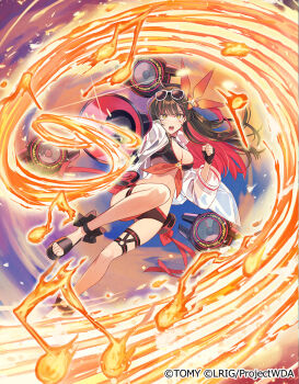 1girl bikini black_bikini black_gloves black_sandals breasts brown_hair cleavage colored_inner_hair copyright_notice fingerless_gloves flower gloves hair_flower hair_ornament highres holding holding_megaphone jacket looking_at_viewer medium_breasts megaphone multicolored_hair musical_note o-ring o-ring_thigh_strap official_art open_mouth red_hair sandals see-through_clothes see-through_jacket solo swimsuit thigh_strap white_jacket wixoss yellow_eyes yuko_(uc_yuk) yuzuki_(wixoss)