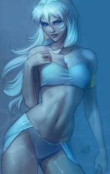 absurdres armlet atlantis:_the_lost_empire blue_bra blue_eyes blue_panties bra breasts gold_armlet highres jewelry kidagakash kodiart96 long_hair looking_at_viewer necklace panties signature sketch small_breasts solo underwear white_hair