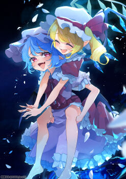 2girls absurdres asaka_haru123 barefoot bat_wings blonde_hair blue_hair carrying commentary_request crystal_wings dress fang flandre_scarlet hat highres medium_hair mob_cap multiple_girls open_mouth petals piggyback pink_dress pointy_ears red_dress red_eyes remilia_scarlet short_sleeves siblings side_ponytail smile touhou twitter_username vampire wet wings