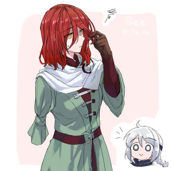 Rule 34 | 2girls, amputee, border, bright pupils, brown gloves, closed mouth, commentary, elden ring, english commentary, gloves, grey hair, hair between eyes, highres, medium hair, millicent (elden ring), multiple girls, outside border, pin.s, red hair, squiggle, sweatdrop, tarnished (elden ring), white border, white pupils, wide-eyed, yellow eyes