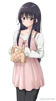 1girl amakusa_shino apron bag black_hair blush bread brown_eyes closed_mouth collarbone cowboy_shot food highres holding holding_bag kakuremino7928 long_hair long_sleeves looking_at_viewer seitokai_yakuindomo shirt sidelocks smile twitter_username white_shirt