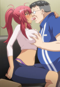1boy 1girl arm_around_neck blush breasts conveni_shoujo_z couch denim fat fat_man flustered french_kiss from_side glasses grabbing_another's_breast groping half-closed_eyes highres jeans kiss large_breasts legs long_hair long_sleeves midriff navel open_mouth pants panty_straps ponytail red_eyes red_hair shirt sitting stitched thighs third-party_edit thong tongue tongue_out ugly ugly_bastard ugly_male whale_tail_(clothing) yashima_asaka