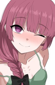 1girl @_@ black_bow blunt_bangs blush bocchi_the_rock! bow braid breasts camisole closed_mouth collarbone commentary_request earrings green_camisole halulu highres hiroi_kikuri jewelry looking_at_viewer medium_hair one_eye_closed purple_eyes purple_hair side_braid simple_background single_braid small_breasts smile solo strap_slip upper_body white_background