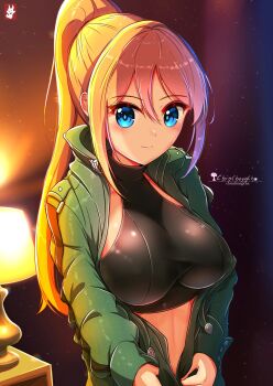1girl blonde_hair breasts chinchongcha covered_erect_nipples large_breasts metroid nintendo ponytail samus_aran smile tagme