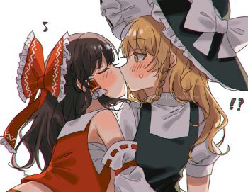 !? 2girls amatukimahoro bare_shoulders black_vest blonde_hair blush bow braid brown_hair closed_eyes detached_sleeves frilled_bow frilled_hair_tubes frilled_hat frills hair_bow hair_tubes hakurei_reimu hat hat_bow highres kirisame_marisa kiss multiple_girls musical_note red_bow ribbon-trimmed_sleeves ribbon_trim shirt side_braid single_braid spoken_musical_note touhou vest white_background white_shirt witch_hat yellow_eyes yuri
