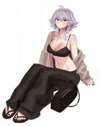 Rule 34 | 1girl, absurdres, ahoge, alternate costume, bag, black bra, black footwear, black nails, black pants, blue eyes, blush, bra, closed mouth, collarbone, commentary, english commentary, full body, grey hair, highres, izayoi sakuya, looking at viewer, medium hair, navel, nezo, pants, sandals, simple background, solo, touhou, underwear, white background