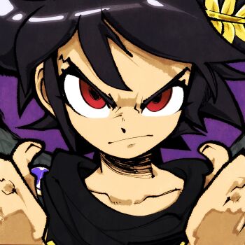 1boy absurdres angry black_hair black_scarf closed_mouth collarbone commentary dark_pit frown highres kid_icarus kid_icarus_uprising laurel_crown male_focus nintendo portrait purple_background red_eyes scarf solo thumbs_up v-shaped_eyebrows zalayz08