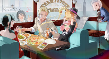 3boys 4girls anya_(spy_x_family) apron black_hair blonde_hair bond_(spy_x_family) brother_and_sister cake child diner dog dress earrings fiona_frost food franky_franklin glasses green_eyes hair_ornament hairband highres indoors jewelry long_hair maid_headdress mitsunari_miyako multiple_boys multiple_girls newspaper open_mouth orange_hair pink_hair pizza restaurant salad short_hair siblings sleeves_rolled_up smile spilling spy_x_family sylvia_sherwood twilight_(spy_x_family) waist_apron waitress white_hair window yor_briar yuri_briar