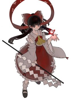 1girl ascot bare_shoulders bow brown_eyes brown_hair collarbone commentary detached_sleeves frilled_bow frilled_hair_tubes frilled_skirt frills gohei hair_bow hair_tubes hakurei_reimu highres holding holding_gohei long_hair looking_at_viewer mary_janes mgnin0 nontraditional_miko red_bow red_shirt red_skirt ribbon-trimmed_sleeves ribbon_trim shirt shoes simple_background skirt sleeveless sleeveless_shirt socks solo standing touhou white_background white_socks wide_sleeves yellow_ascot